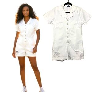 Asi Sea Colombian White Denim Button Front Romper Shorts Sz 8 Distressed Coastal